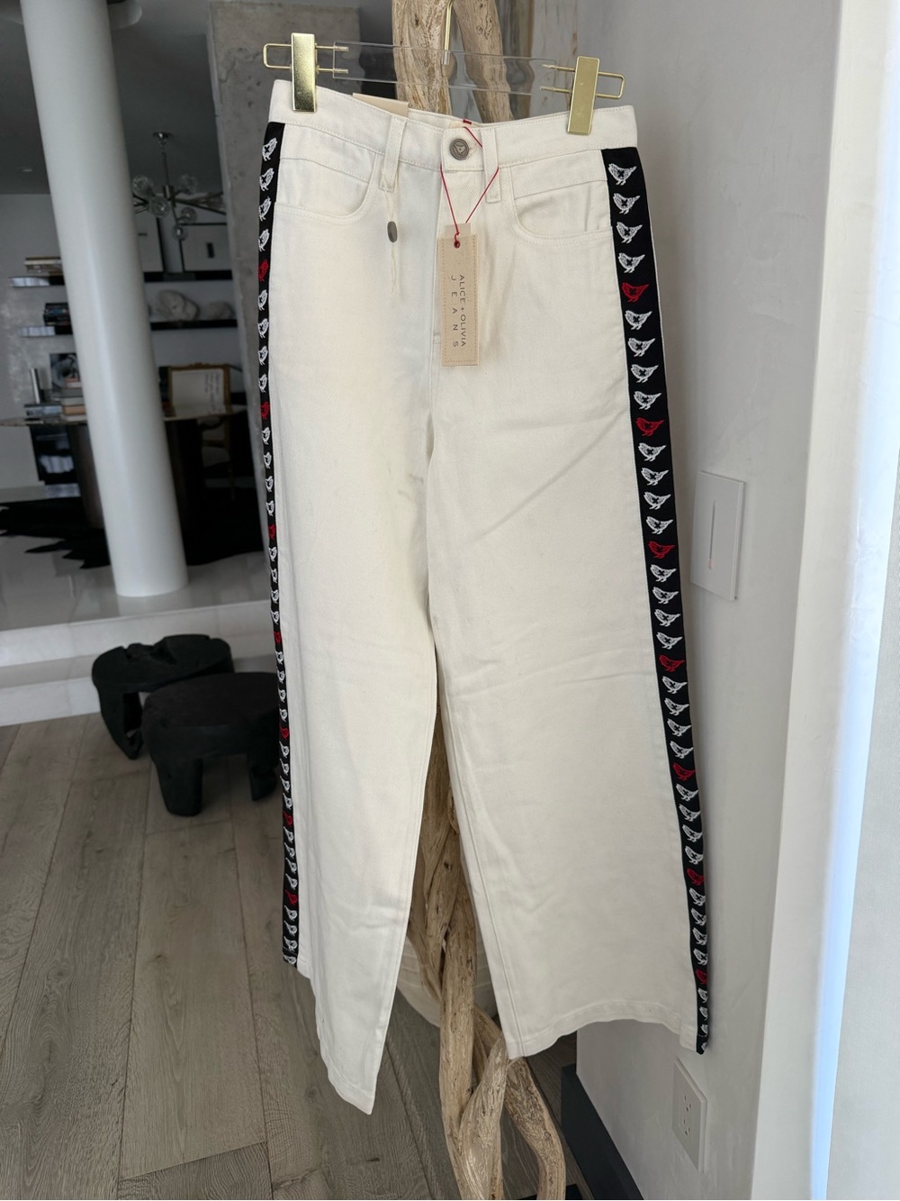ALICE AND OLIVIA white Side-Stripe Wide Leg Jeans